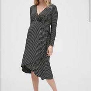 GAP‎ Maternity Black White Stripe Wrap Dress Women's M Long Sleeve Midi Stretch